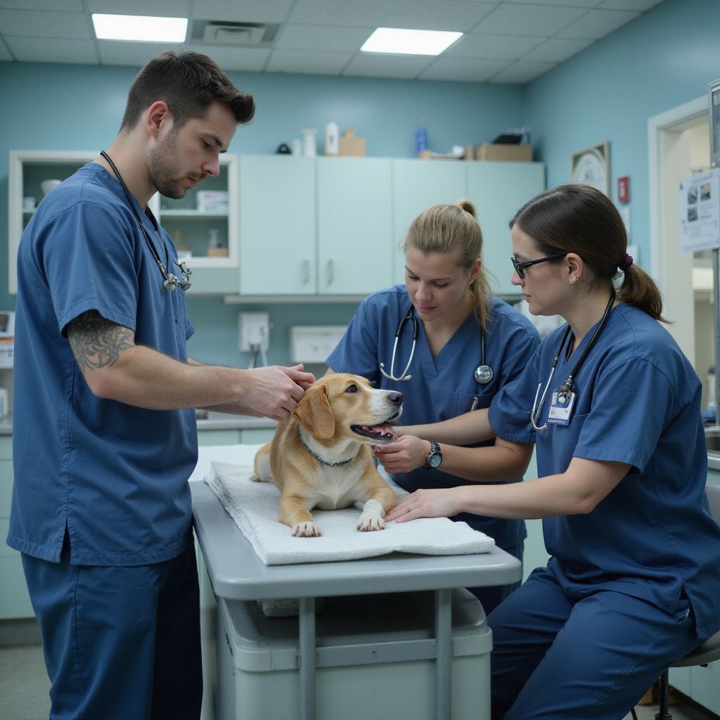Three vets examining a beagle on an exam table in a veterinary clinic.