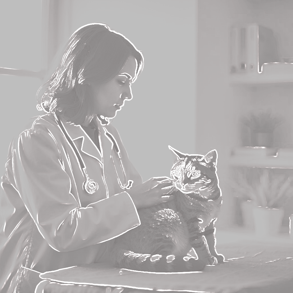 Veterinarian petting a cat on an examination table in a clinic.