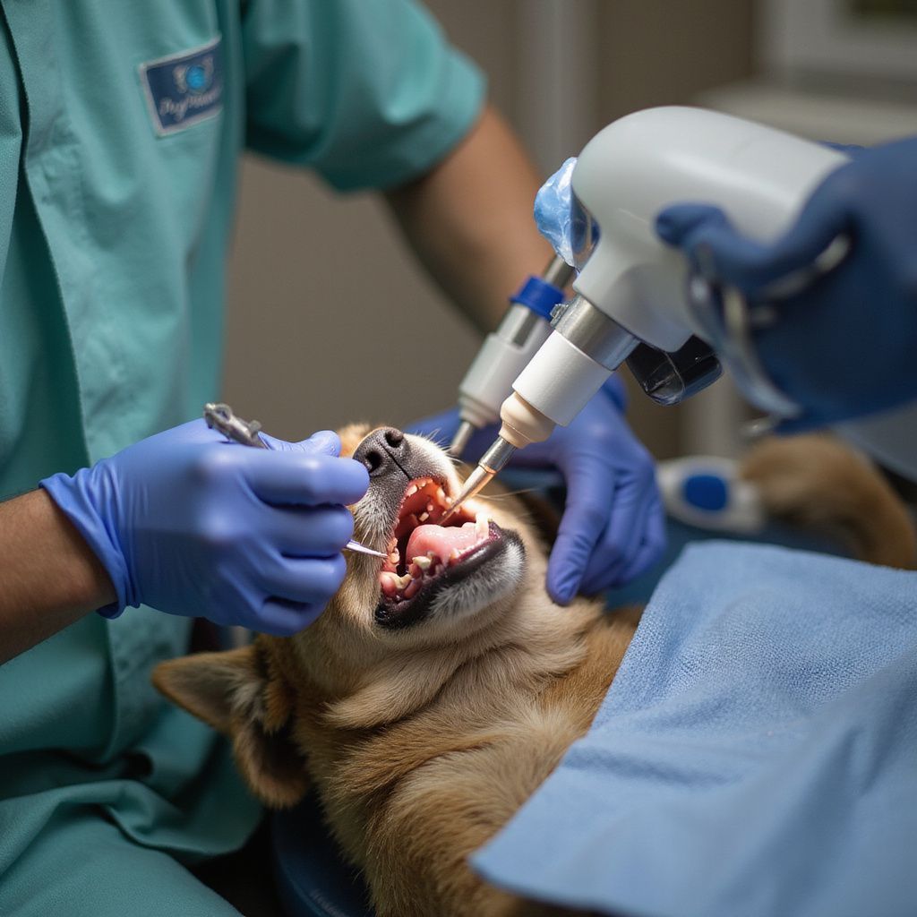 Dog getting dental work, held by two people in blue gloves and scrubs; using dental tools.