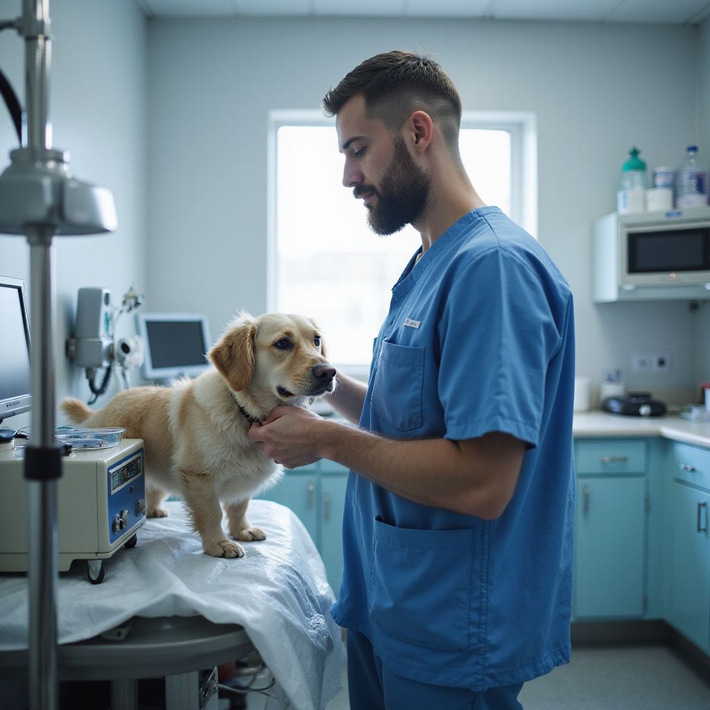 Veterinarian in blue scrubs examines a light-colored dog on an examination table in a clinic.