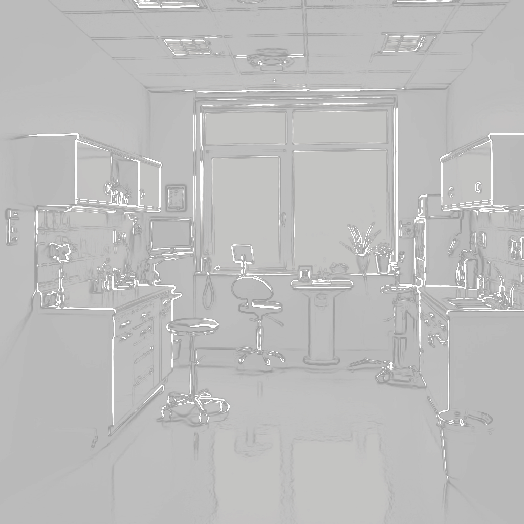 Outline drawing of a lab interior with cabinets, equipment, a window, and a stool.