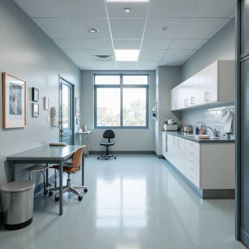 Examination room with a window, cabinets, desk, and chair. Bright overhead lighting.