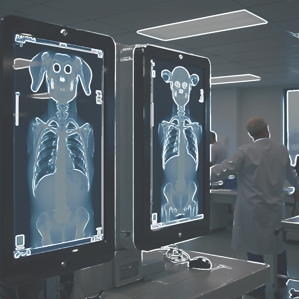 Two digital x-ray displays showing dog skeletons, a lab with a person in a lab coat.