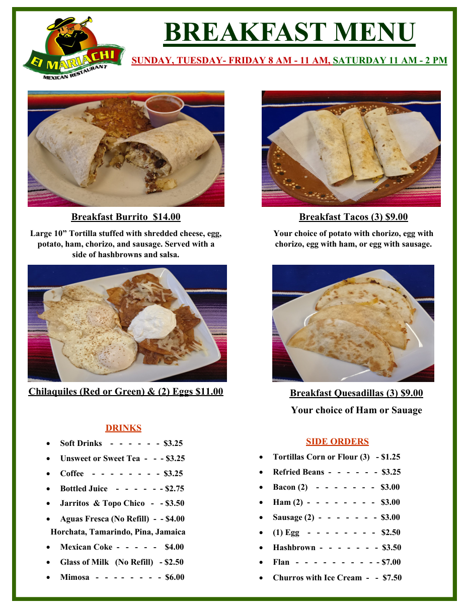 Breakfast menu poster with food photos, item descriptions, and prices on a white background.