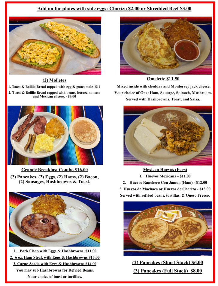 Menu collage of six plated dishes, including sandwiches, pancakes, burgers, and breakfast meals with prices