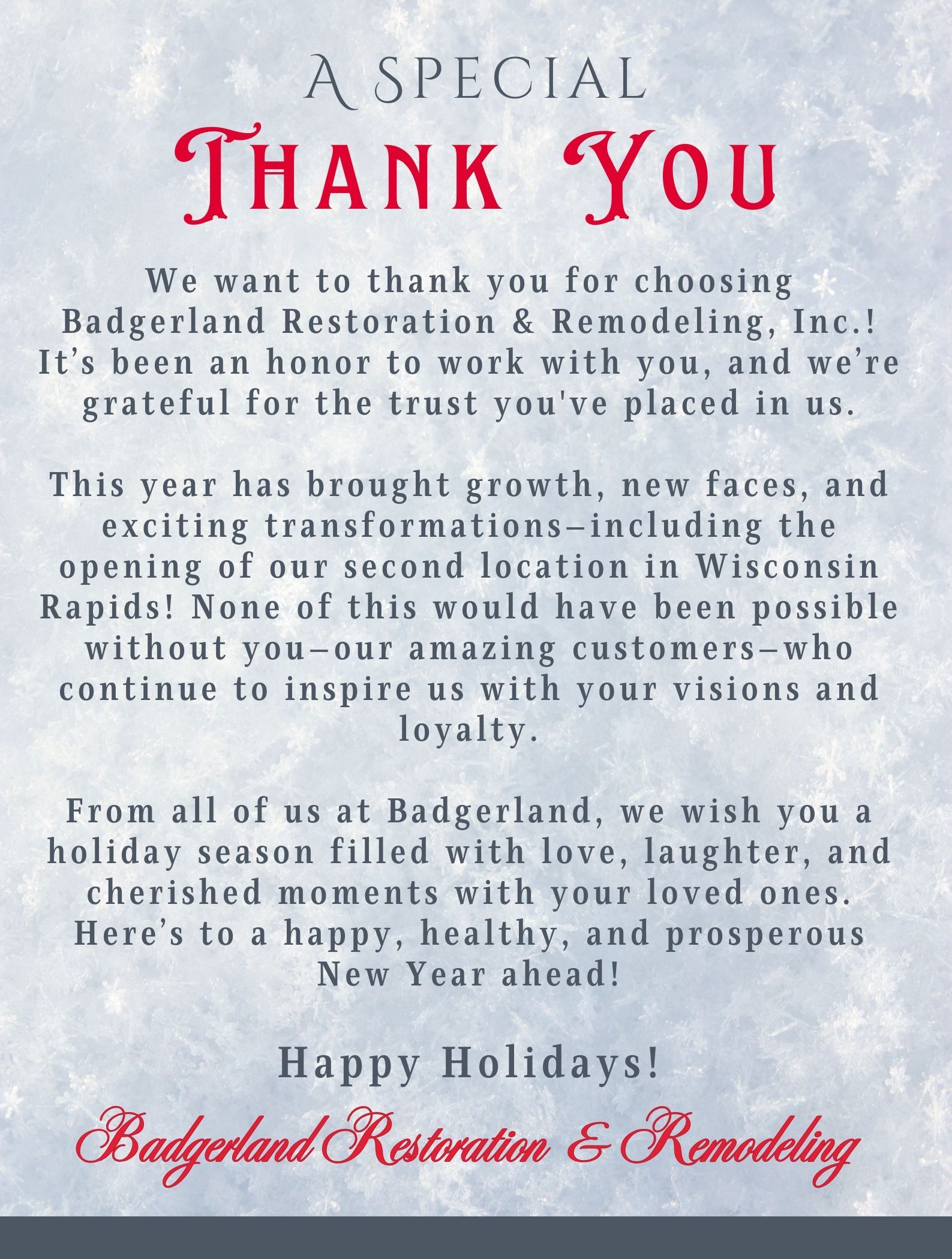 Badgerland Restoration & Remodeling commercial & residential contractor in central Wisconsin customer thank you letter