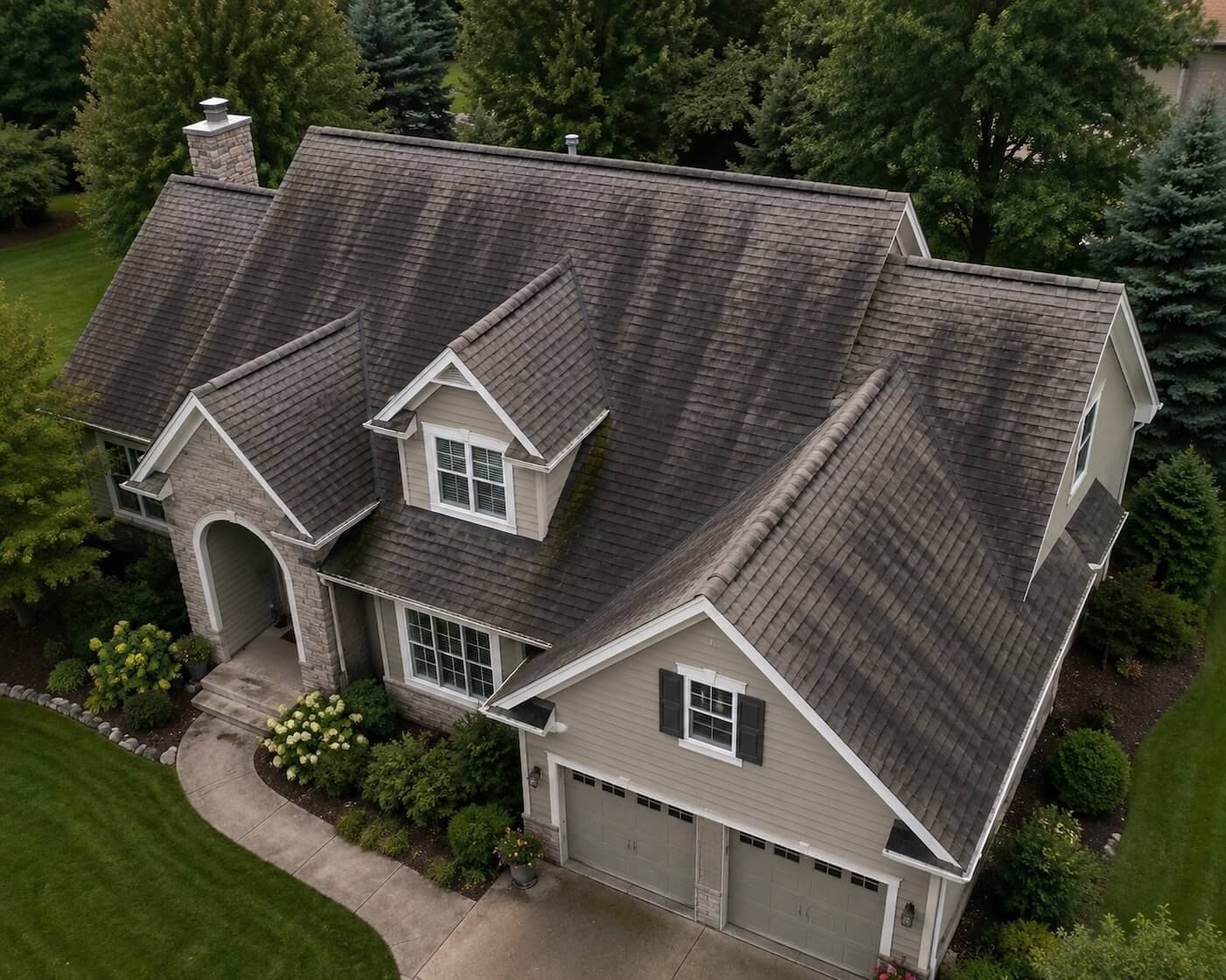 Aerial view of a Wisconsin home with black algae streaks visible across the asphalt shingle roof.