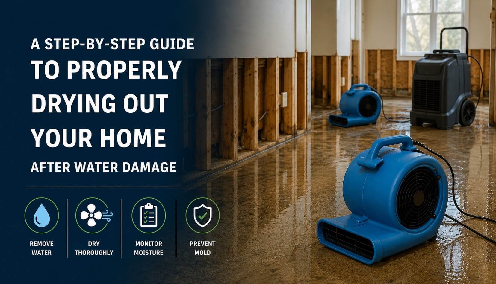 Step-by-step guide to drying out a home after water damage showing flood restoration equipment, exposed wall framing, industrial fans, and dehumidifiers inside a water-damaged Wisconsin home.