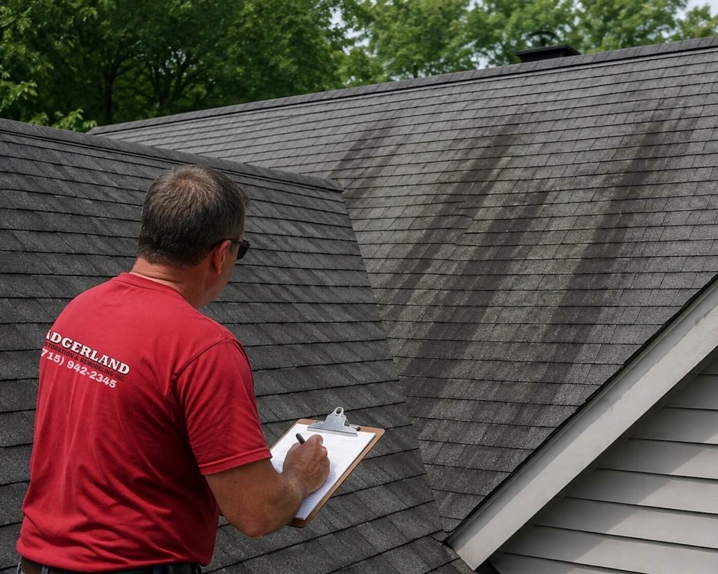Roof inspector inspecting algae on shingle roof