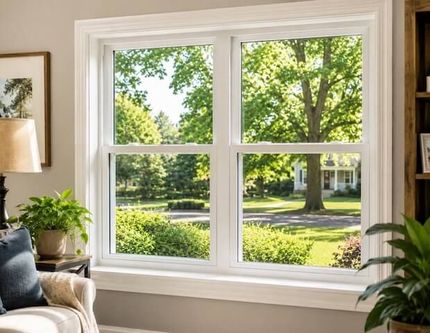 Bright, energy-efficient replacement windows installed in a comfortable home with natural sunlight and a view of a green residential yard. Weyauwega, WI — Badgerland Restoration & Remodeling Inc.