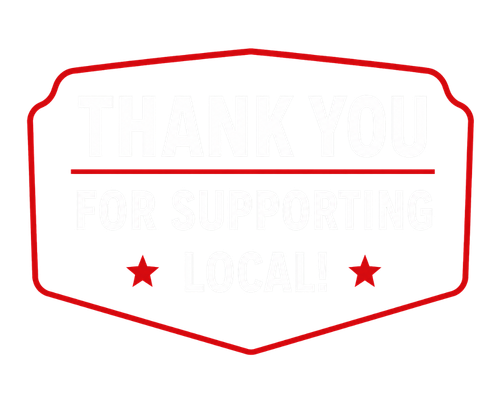 red badge with stars with white letters that say thank you for supporting local