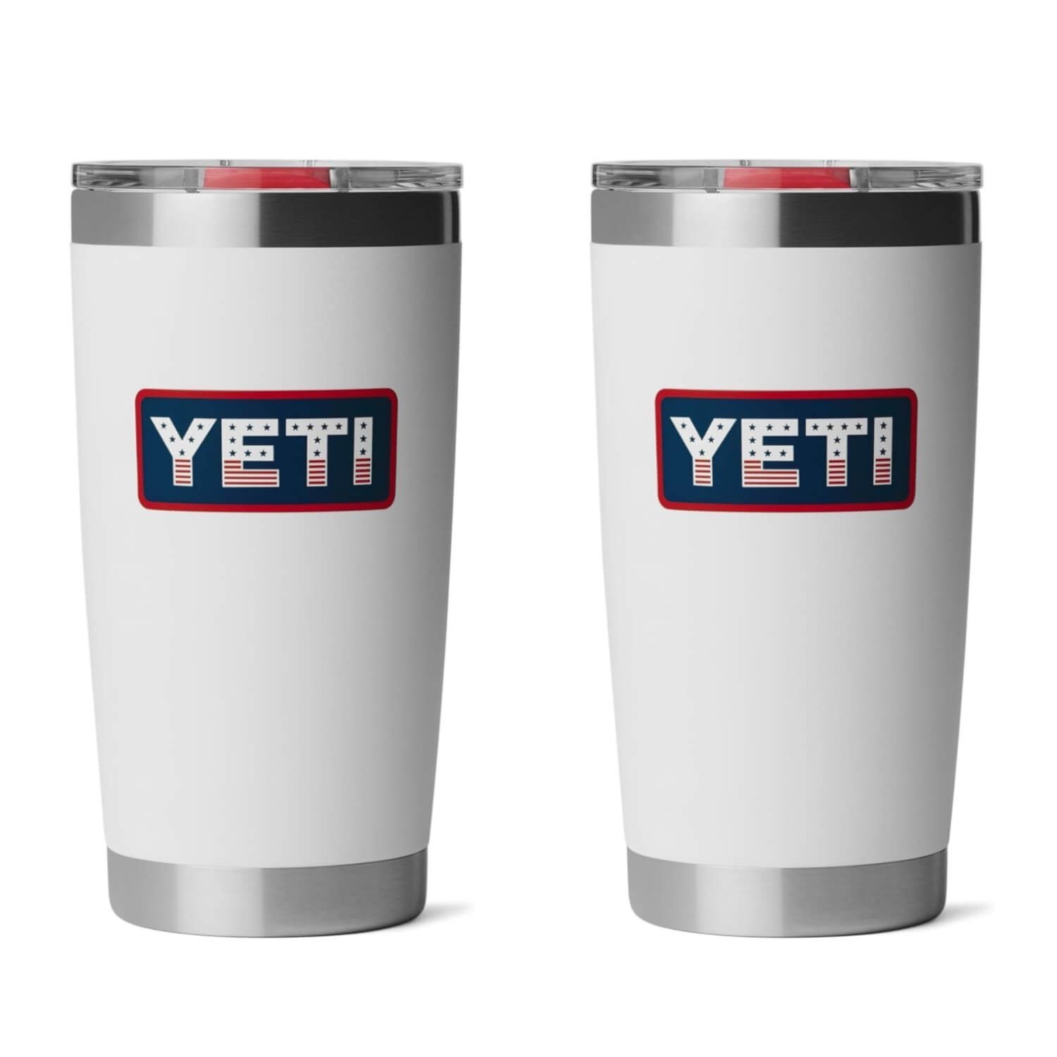2 white YETI 20oz tumblers with YETI logo colored like an American flag