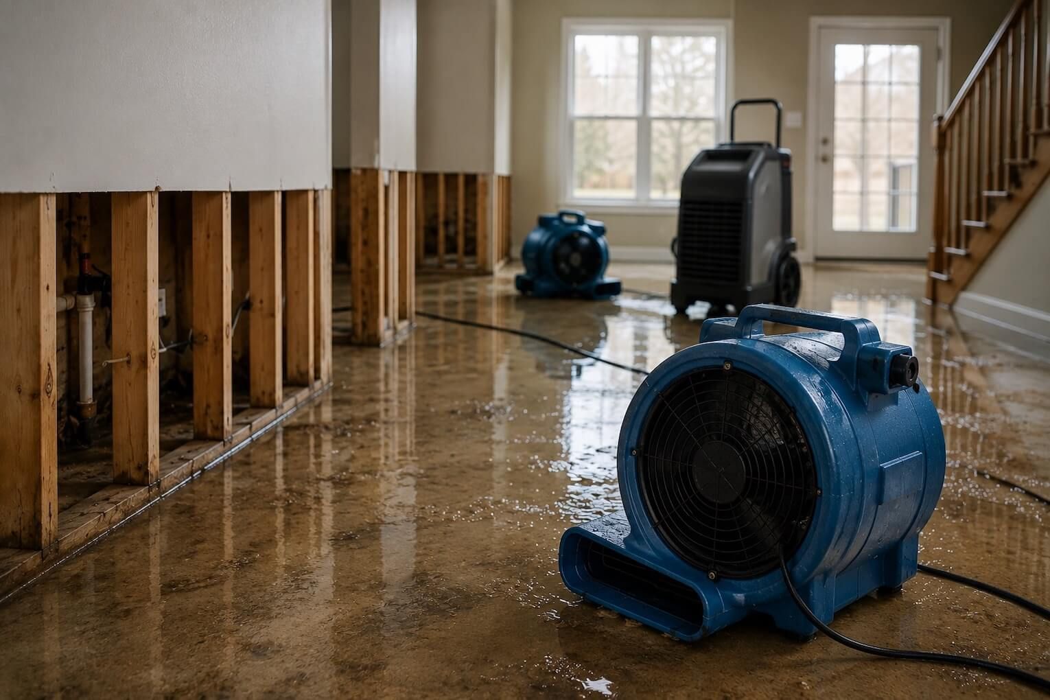 Industrial drying fans and dehumidifiers drying out a flood-damaged home with exposed wall framing a