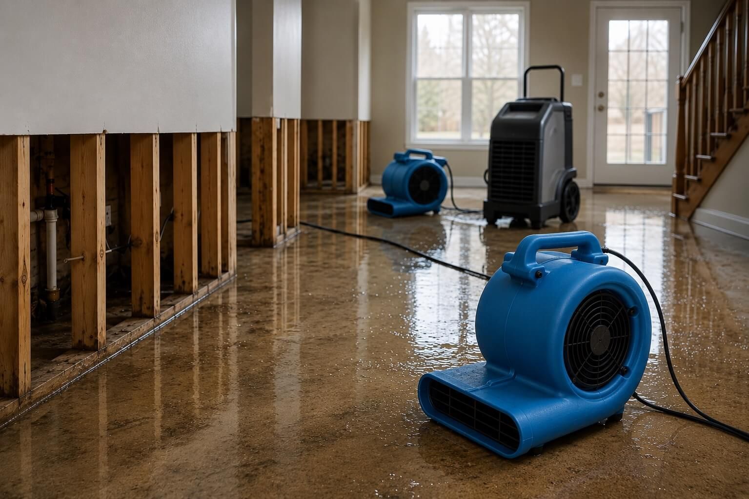 Industrial drying fans and dehumidifiers drying out a flood-damaged home with exposed wall framing a