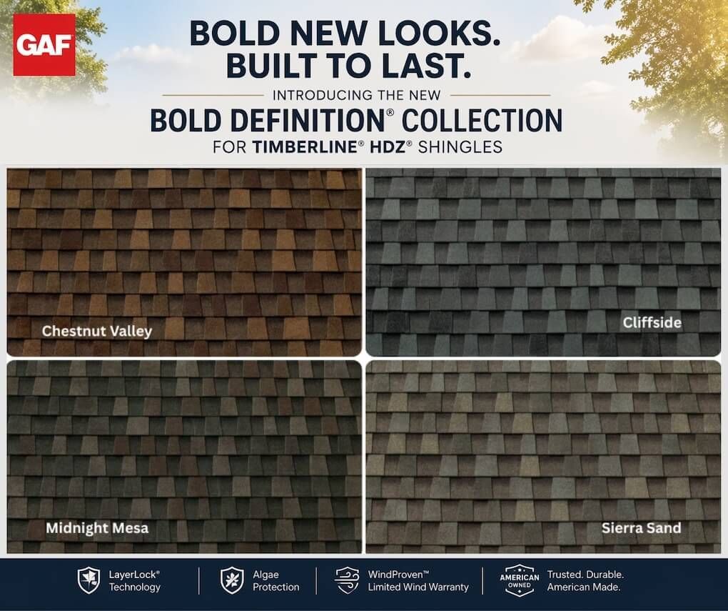 GAF Timberline HDZ Bold Definition Collection showcasing four new architectural shingle colors for 2