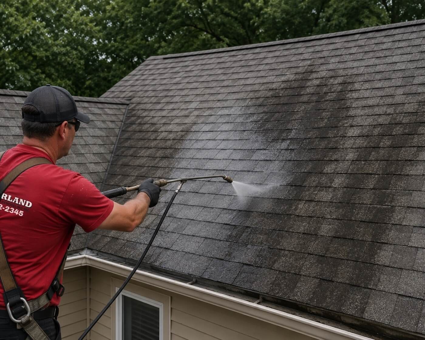 Roofing professional applying a low-pressure cleaning treatment to black algae streaks on an asphalt shingle roof.