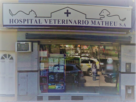 Fachada de hospital veterinario con entrada de cristal y letrero “HOSPITAL VETERINARIO MATHEU”