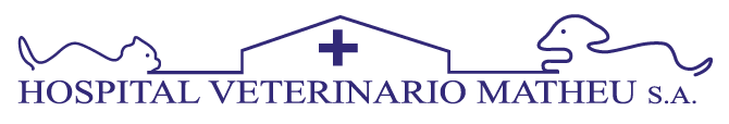 Logotipo del Hospital Veterinario Matheu SA en azul con un icono de mascota y una cruz sobre fondo blanco.
