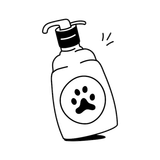 Botella con dosificador de dibujos animados y etiqueta con huella de pata, que sugiere champú o jabón para mascotas.