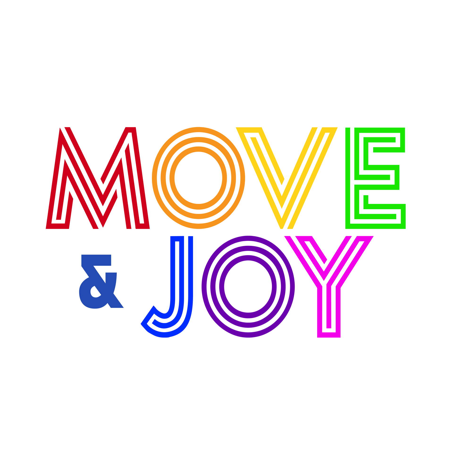 Colorful “MOVE & JOY” text in rainbow outlined letters on a white background