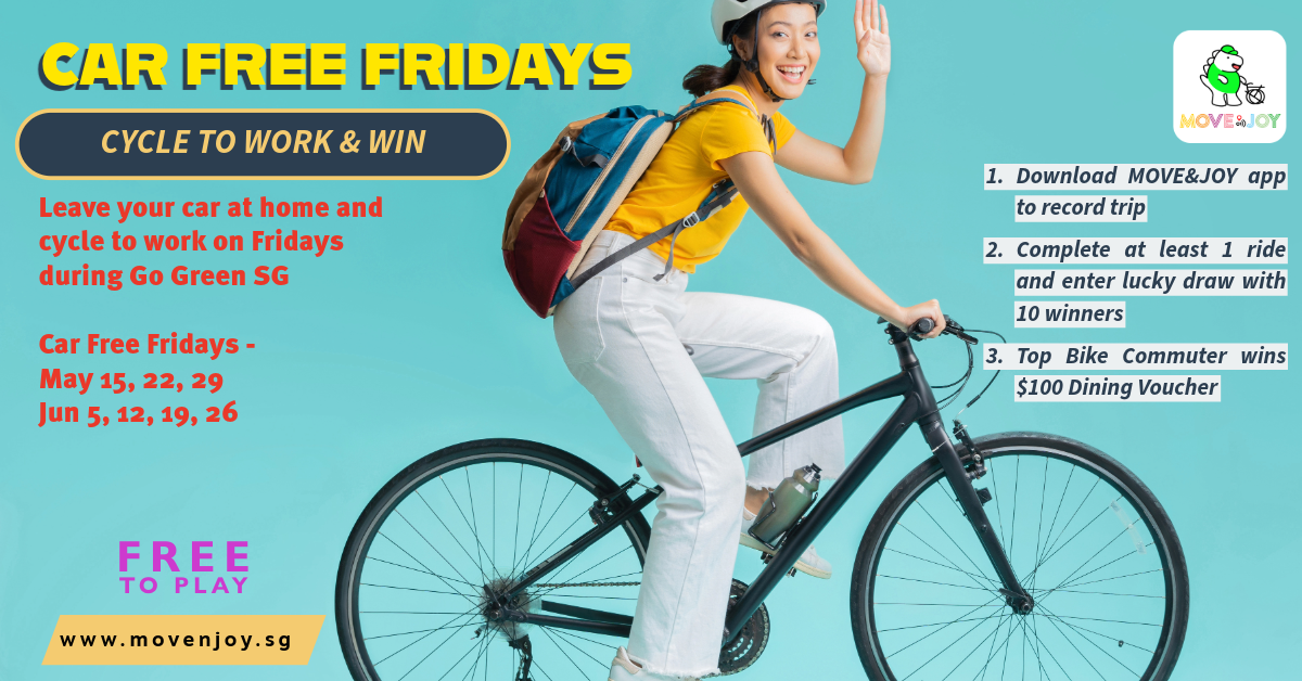Colorful Car Free Fridays poster with a cyclist on a bike and event details about cycling to work and free items.