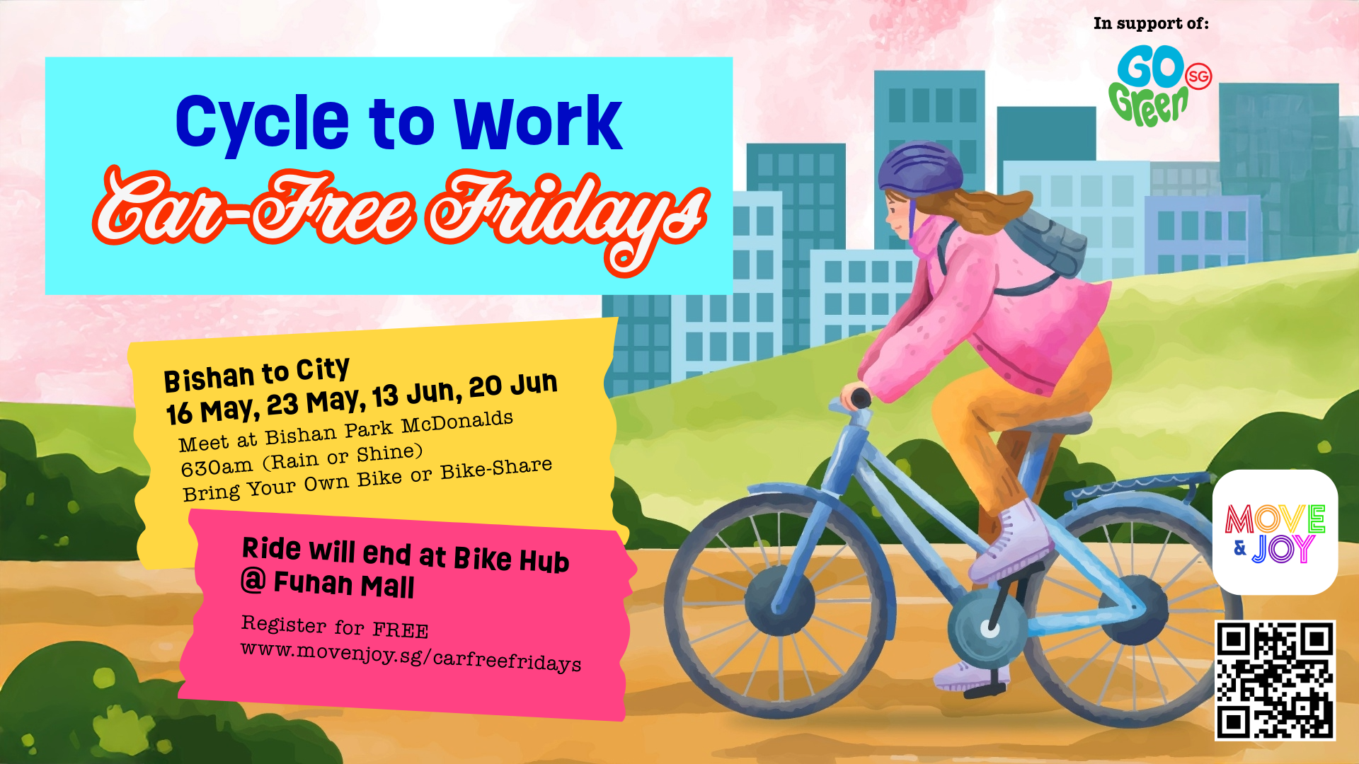 Cycle to Work Car-free Friday poster with cyclist, city skyline, and event details.