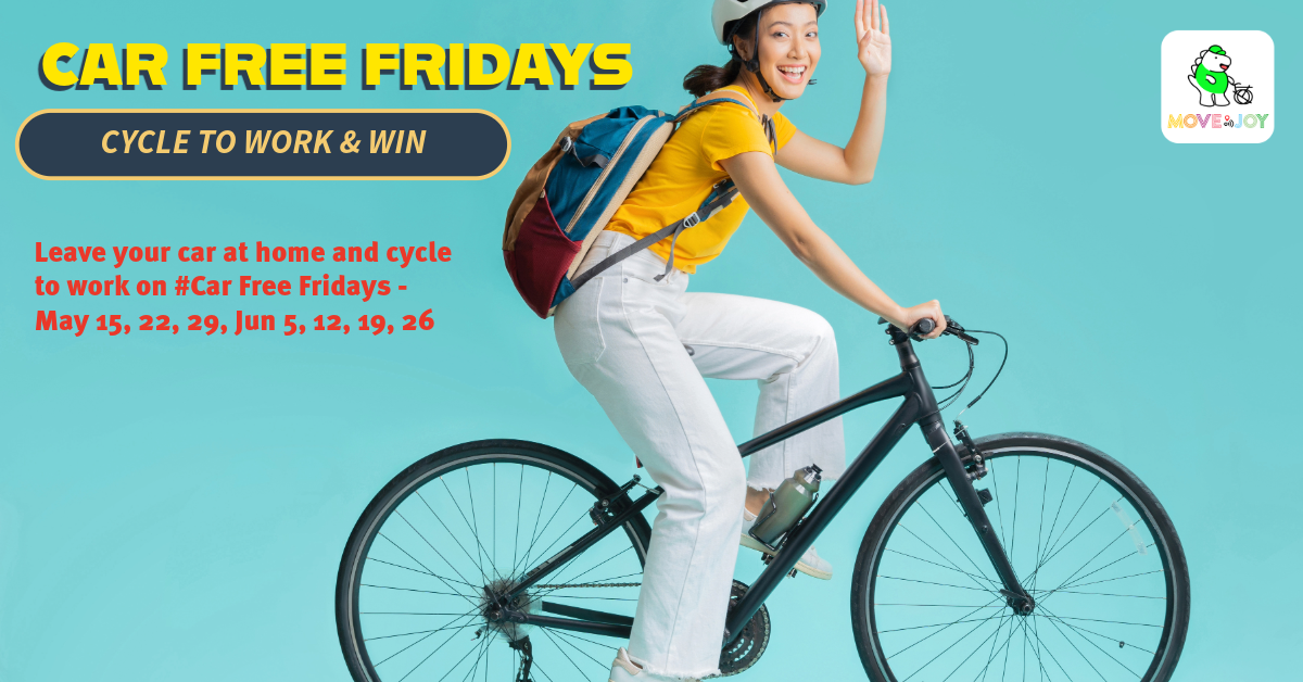 Woman riding a bicycle in a teal “Car Free Fridays” campaign poster with text encouraging walking and cycling