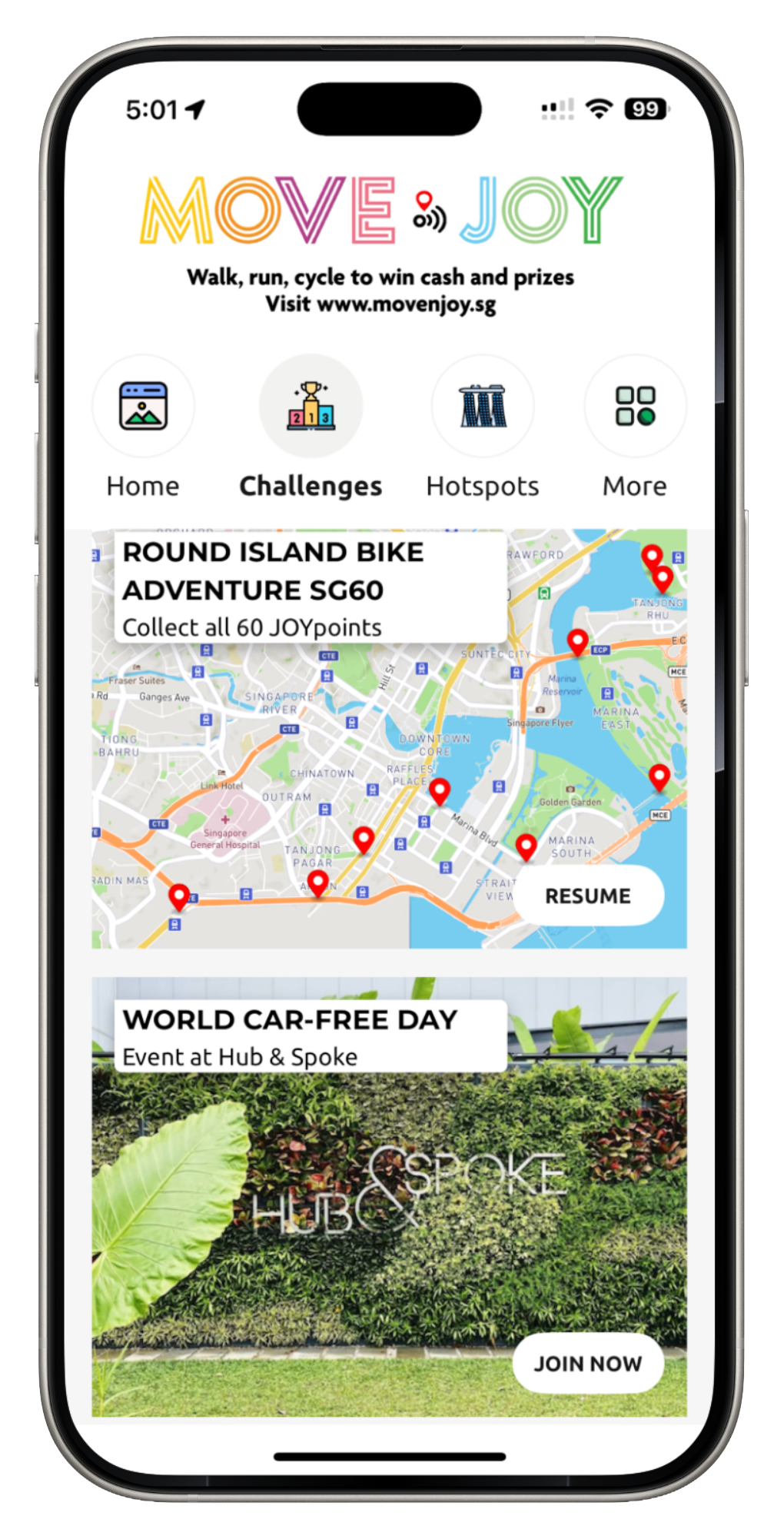 Mobile app screen showing a map-based adventure challenge with tabs and a plant-growing card below