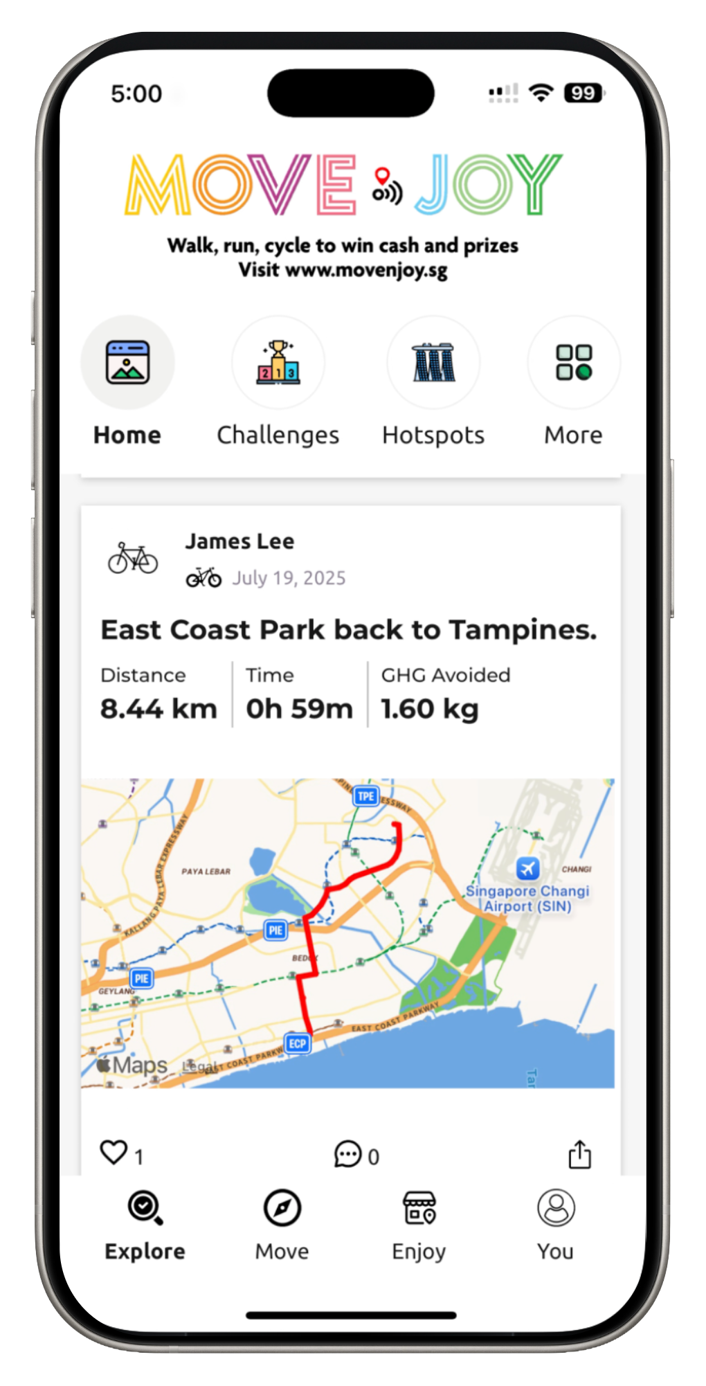 Phone screen showing a colorful “MONEY” app with an East Coast Park to Tampines route map and stats.