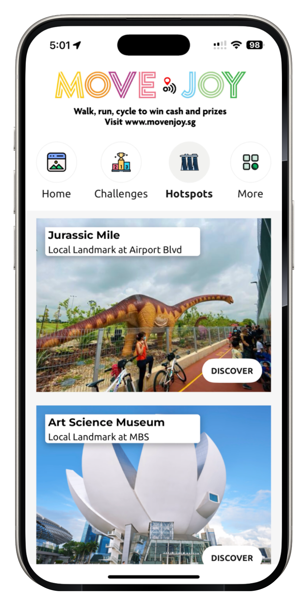 Mobile app home screen showing a colorful museum guide with tabs and attraction cards with photos and book now buttons