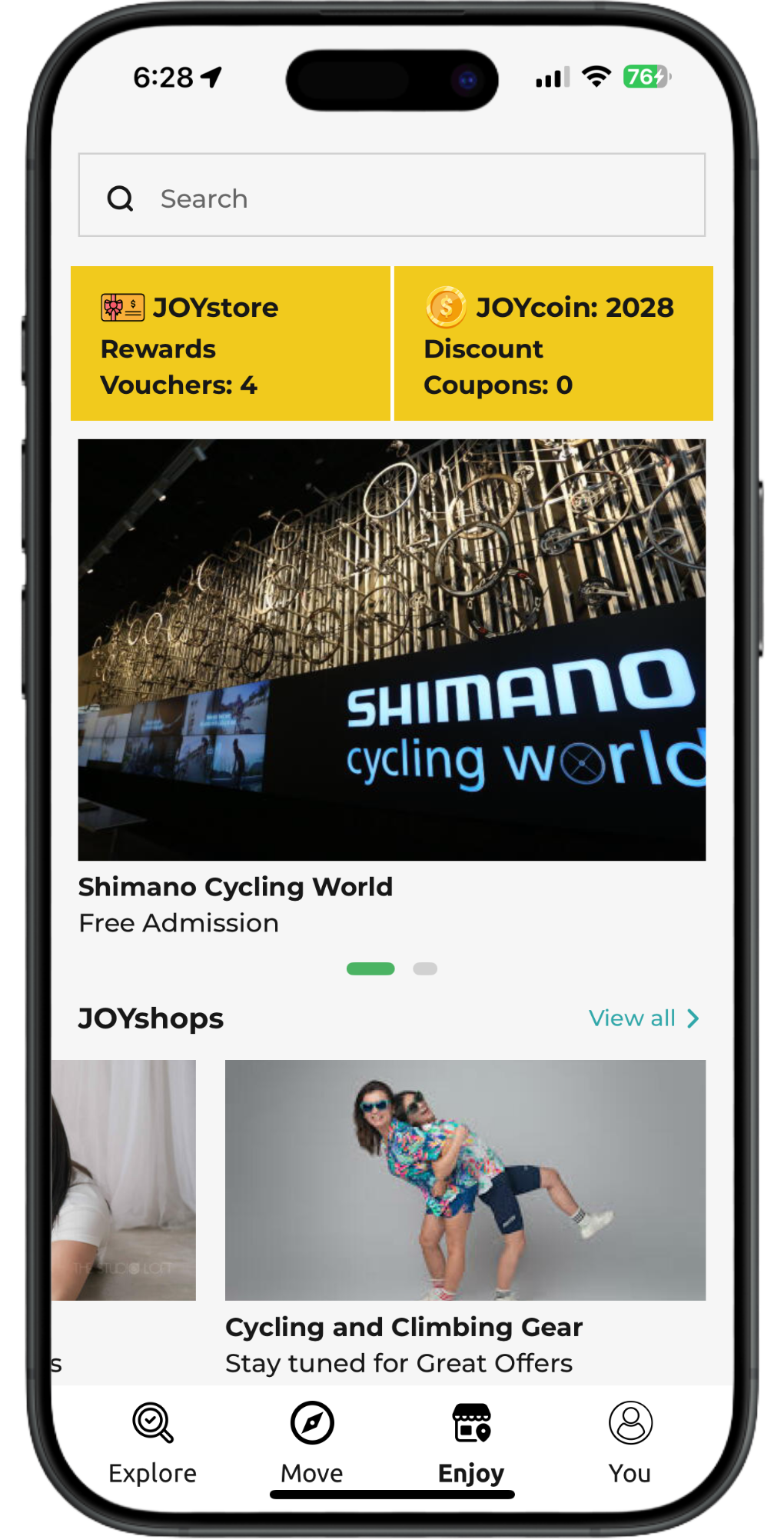 Mobile app screen showing Shimano cycling event listings with photos and a bottom navigation bar