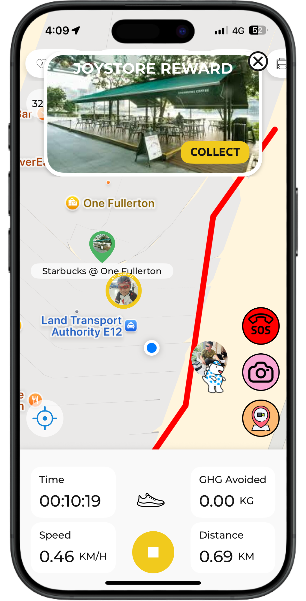 Phone map screen with red route line and yellow “LET’S GO” button over a street view area.