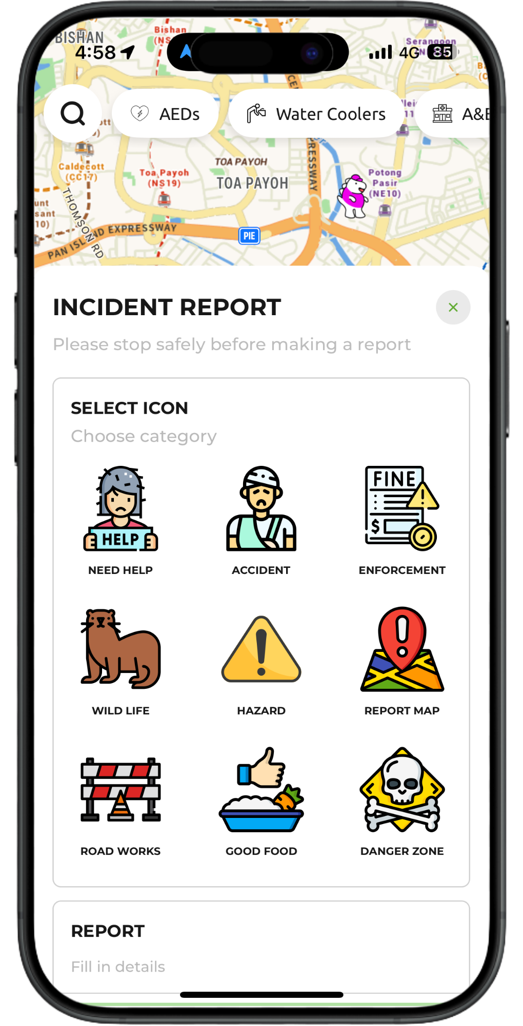Mobile screen showing an incident report app with a map and hazard/report icons for traffic, fire, and warning types.