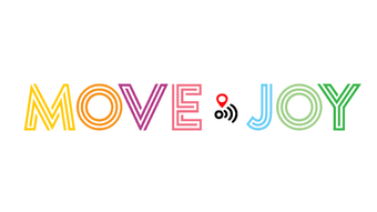 Colorful outlined text reading “MOVE JOY” with a small red music note icon between the words.