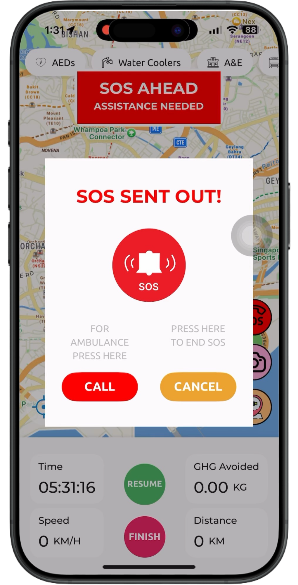 Emergency alert screen on phone: SOS sent out with red SOS and call/cancel buttons.