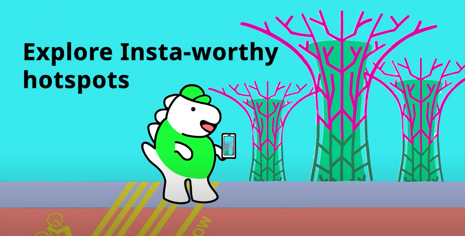 Cartoon white bear holding a phone in a neon forest with text “Explore Insta-worthy hotspots”