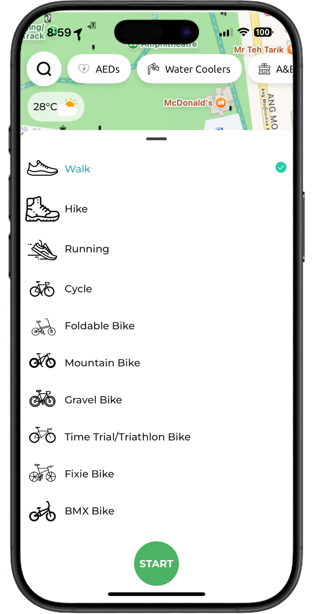 Green-themed phone app screen with a list of transport options and a green Start button at the bottom