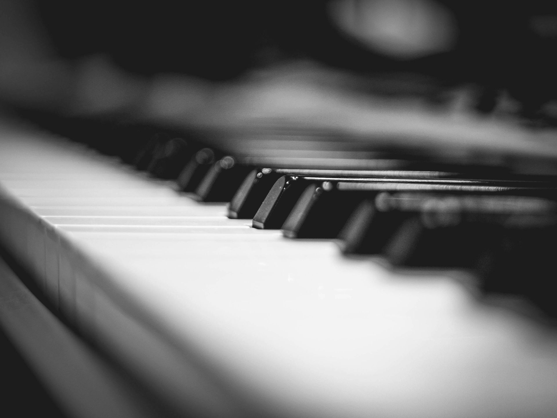 Close-up black and white photo of piano keys. Focus is on the black keys in a row.