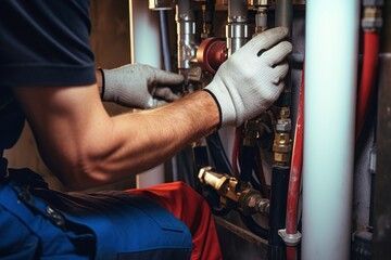 A plumber is working on a pipe in a room.