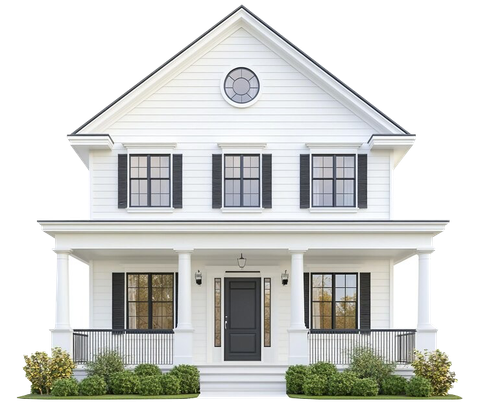 Front view of a white two-story house with black shutters and a covered porch
