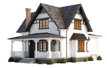 White two-story house with dark gray roof, front porch, and lit windows