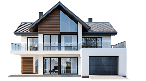 Modern two-story house with white walls, dark roof, large windows, balcony, and attached garage