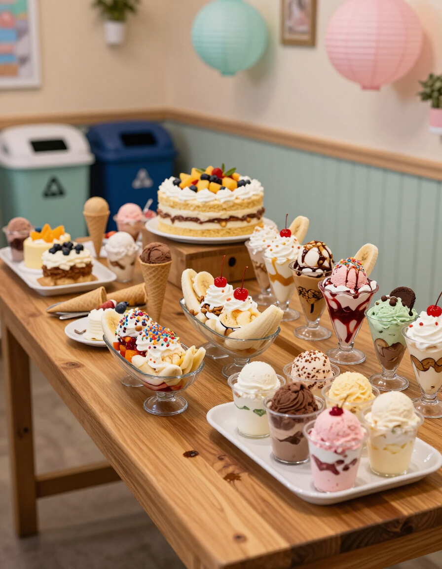 Dessert table with assorted ice cream sundaes and cakes in a pastel café setting