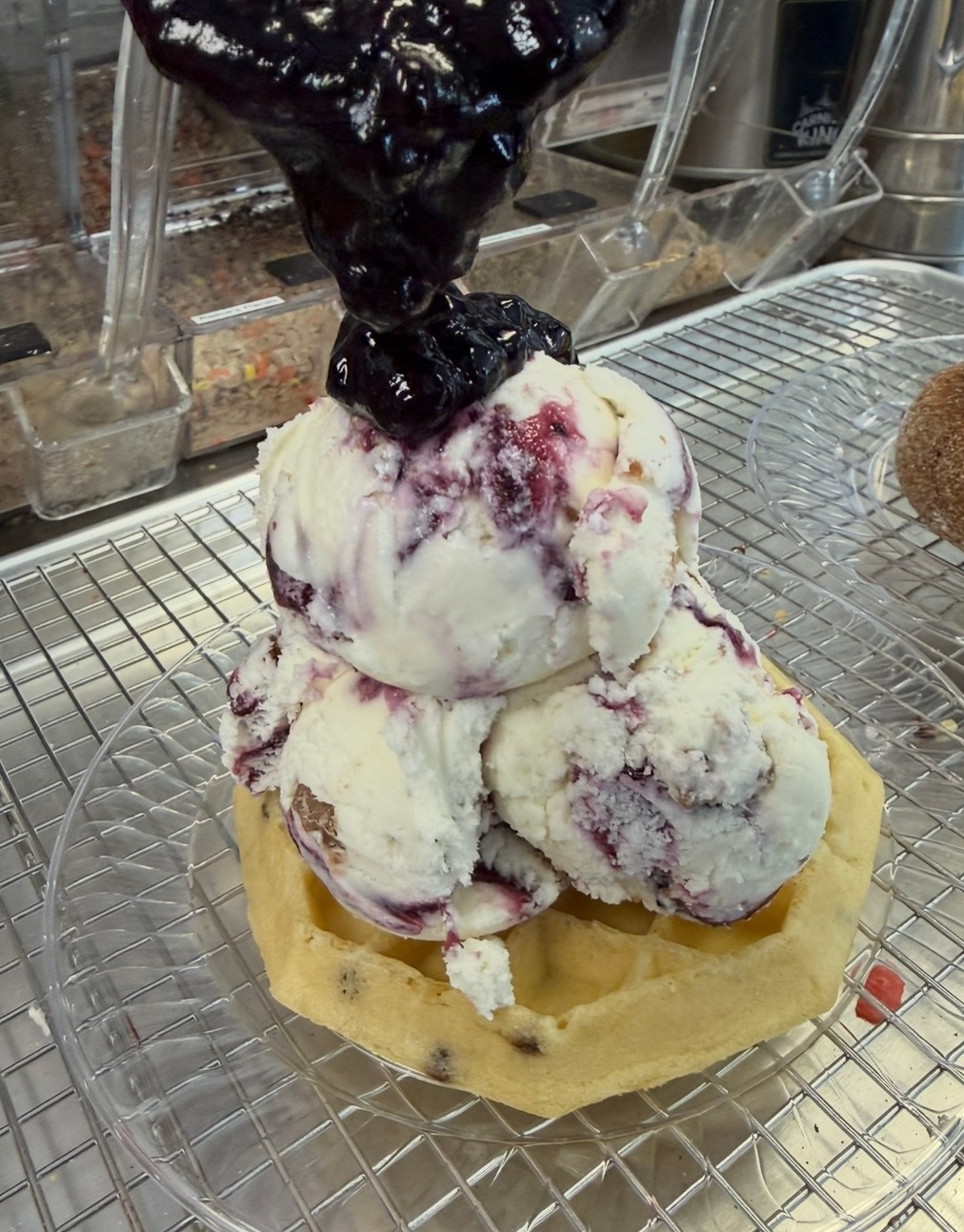Three scoops of vanilla ice cream with blueberry topping on a waffle base in a metal tray