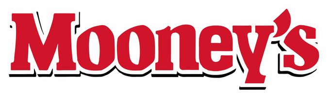 Mooney’s logo in red serif lettering with a black outline on a white background