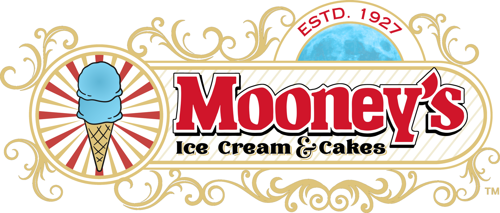 Mooney&rsquo;s Ice Cream & Cakes logo with blue ice cream cone and gold decorative border