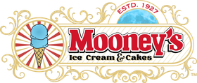 Mooney&rsquo;s Ice Cream & Cakes logo with blue ice cream cone and gold decorative border