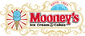 Mooney&rsquo;s Ice Cream & Cakes logo with blue ice cream cone and gold decorative border