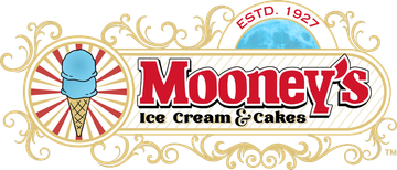 Mooney&rsquo;s Ice Cream & Cakes logo with blue ice cream cone and gold decorative border