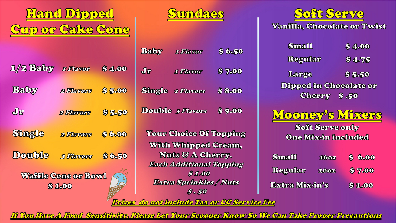 Flavor menu poster listing donut flavors in white text on a pastel, sprinkle-covered background